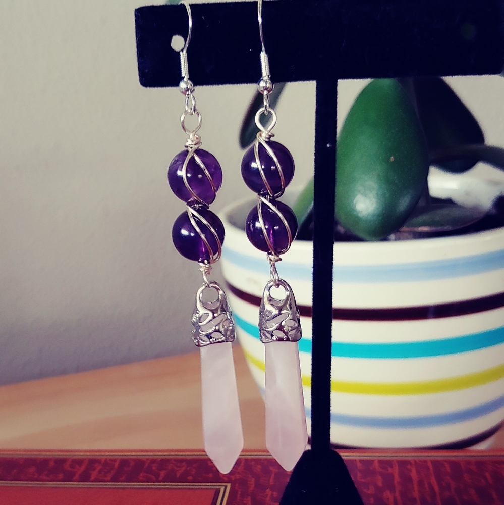 Rose quartz amethyst sterling silver earrings